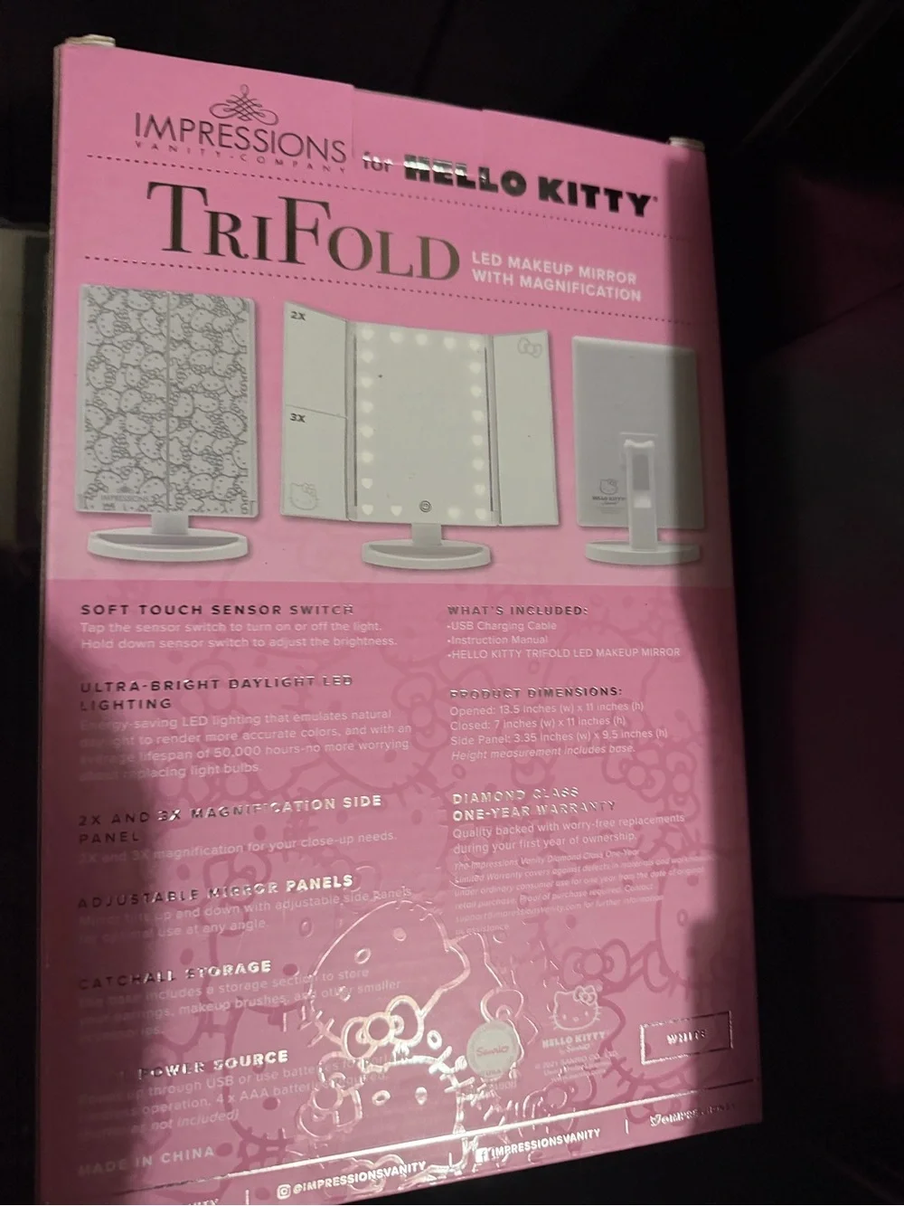 Hello Kitty Pink Tri-Fold LED Makeup Mirror by Impressions